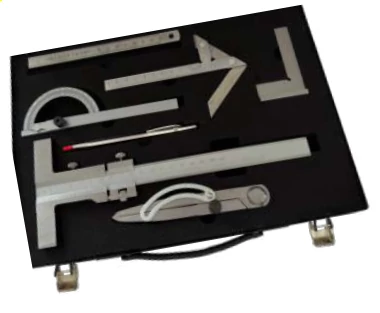 Mérőeszköz készlet, 7 részes (távolságmérő, szögmérő, stb.) fém kofferban MIB 01005016