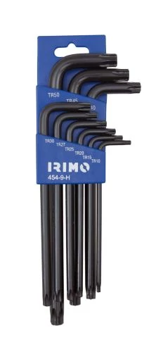 Hajlított hatszögkulcs készlet, foszfátozott, furatos TORX csavarokhoz, 9 db TR10-50 IRIMO: 454-9-H
